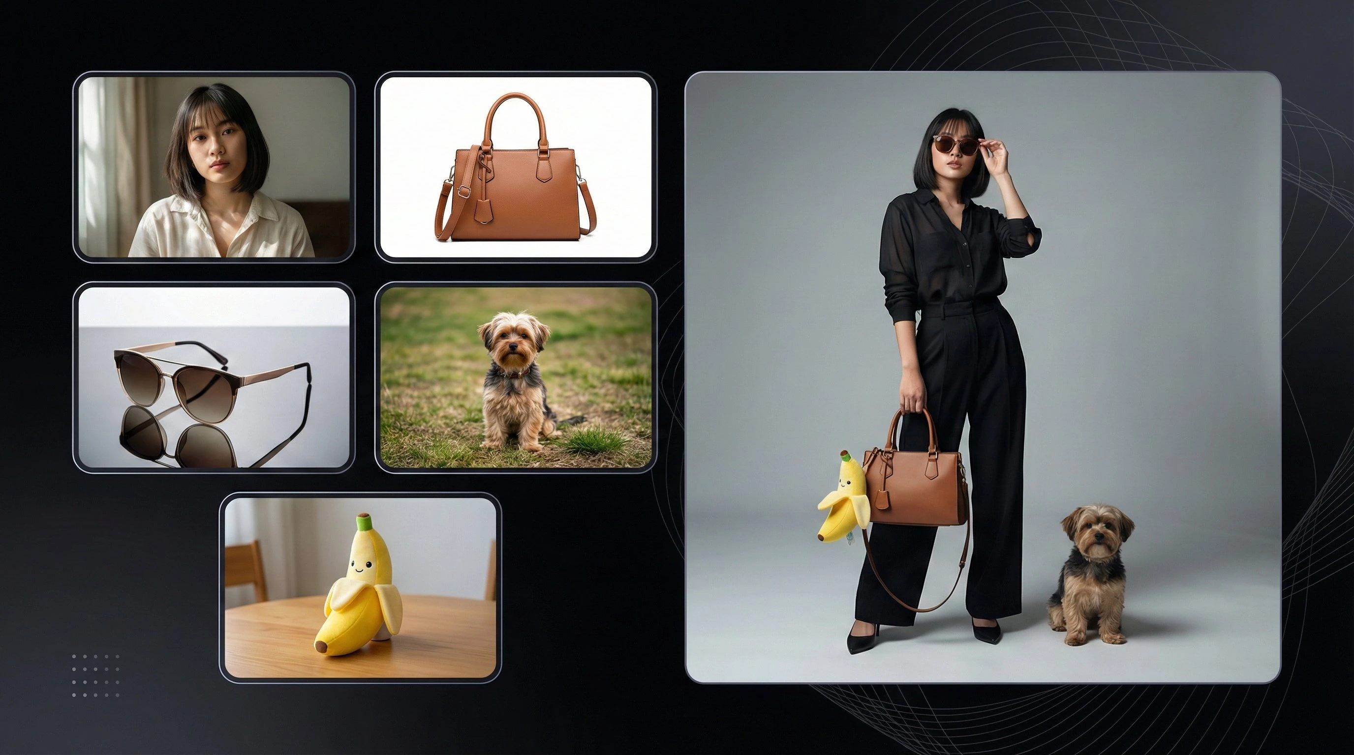 Using the provided input image. Use the portrait image as the main subject and keep her face, hairstyle, and body shape exactly the same. Place the handbag from the product image naturally in her hand. Put the sunglasses from the input image onto her face. Place the small dog from the input image sitting beside her. Attach the banana plush toy. Make sure all objects match the same lighting, shadow direction, perspective, and color tone. The final image must look like one real professional fashion photo. The background should be clean studio gray with soft gradient lighting. The composition should feel balanced, elegant, modern, and premium. High resolution, sharp details, realistic.
